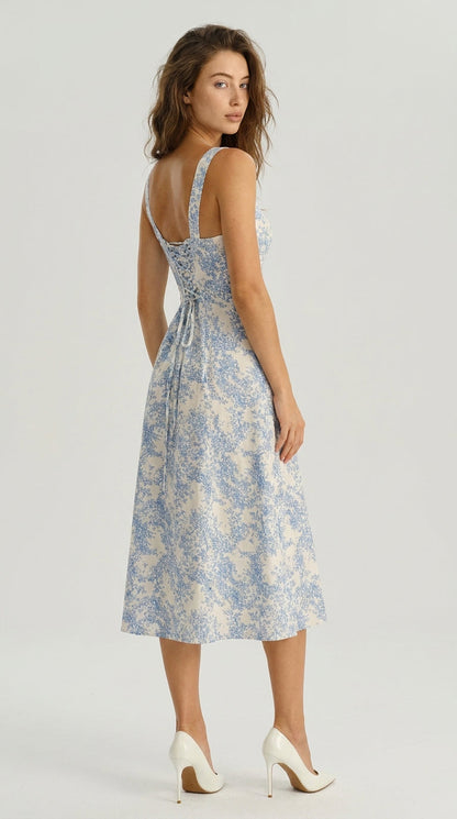 Marisol - Blue Floral Ruched Slip Midi Dress