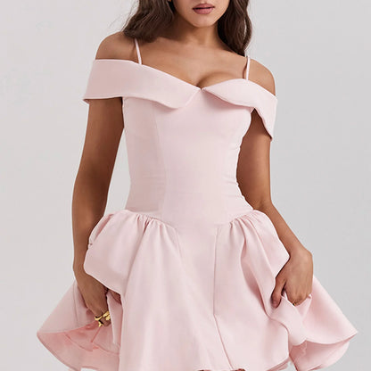 Summer Suspender Skirt Slim Sexy Pink Satin Corset Square Collar Mini Dress Plain Dyed Natural Waist
