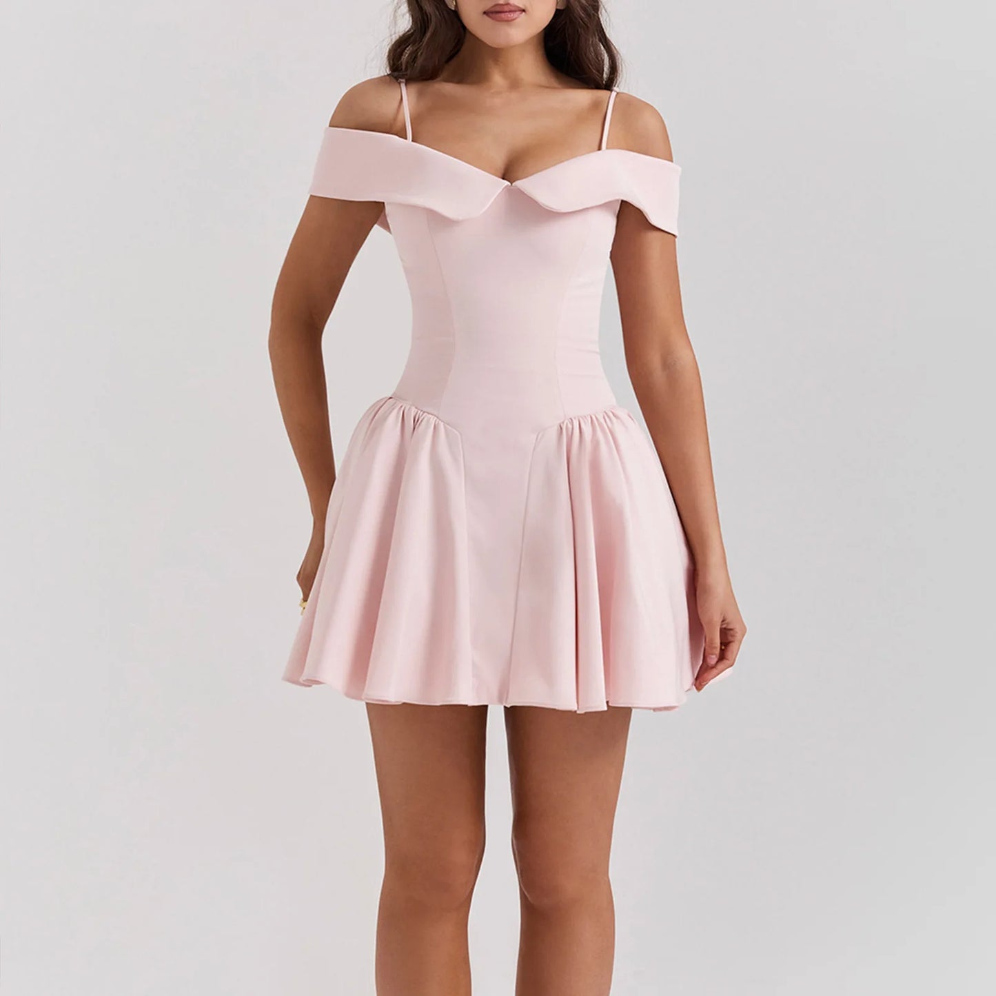 Summer Suspender Skirt Slim Sexy Pink Satin Corset Square Collar Mini Dress Plain Dyed Natural Waist