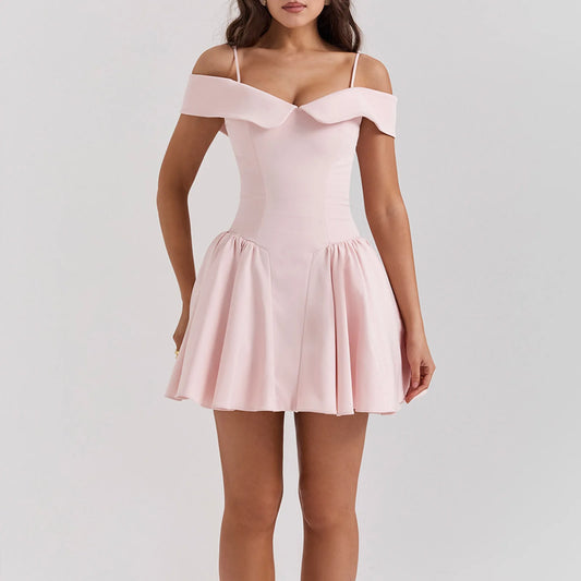Summer Suspender Skirt Slim Sexy Pink Satin Corset Square Collar Mini Dress Plain Dyed Natural Waist