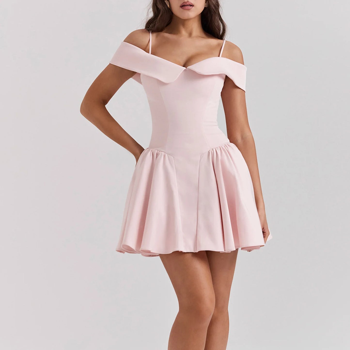 Summer Suspender Skirt Slim Sexy Pink Satin Corset Square Collar Mini Dress Plain Dyed Natural Waist