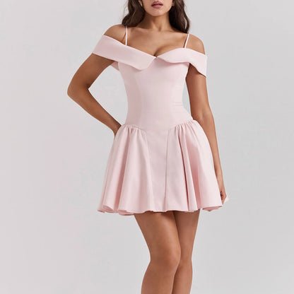 Summer Suspender Skirt Slim Sexy Pink Satin Corset Square Collar Mini Dress Plain Dyed Natural Waist