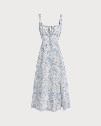 Marisol - Blue Floral Ruched Slip Midi Dress