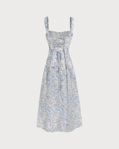 Marisol - Blue Floral Ruched Slip Midi Dress